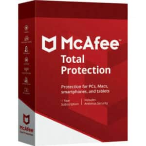 McAfee Total Protection logo with a white text with red box