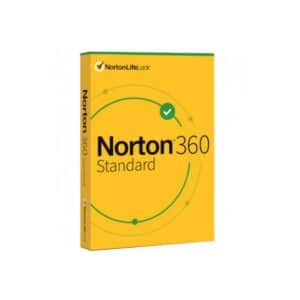 Norton 360 Standard logo with a Black text and Yellow box with text