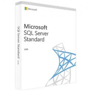 Microsoft SQL Server 2019 Standard logo with a white box with text on it