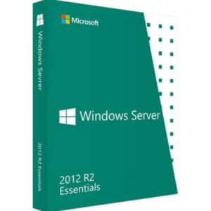 Windows Server 2012 R2 Essentials with a blue and white box with text
