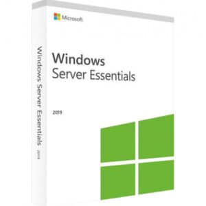Windows Server 2019 Essentials logo with a green and white box with text