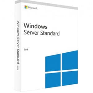 Windows Server 2019 Standard 16 core logo with a blue and white box with text