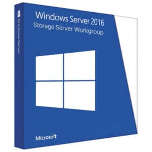 Windows Storage Server 2016 Workgroup with a blue box with white text