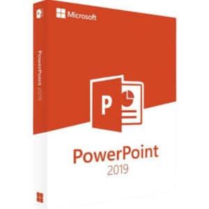 PowerPoint 2019 logo with red lines and red logo and red box